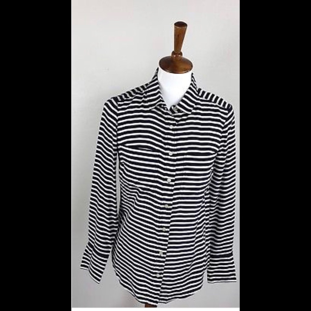 J crew 100% silk striped navy white button up